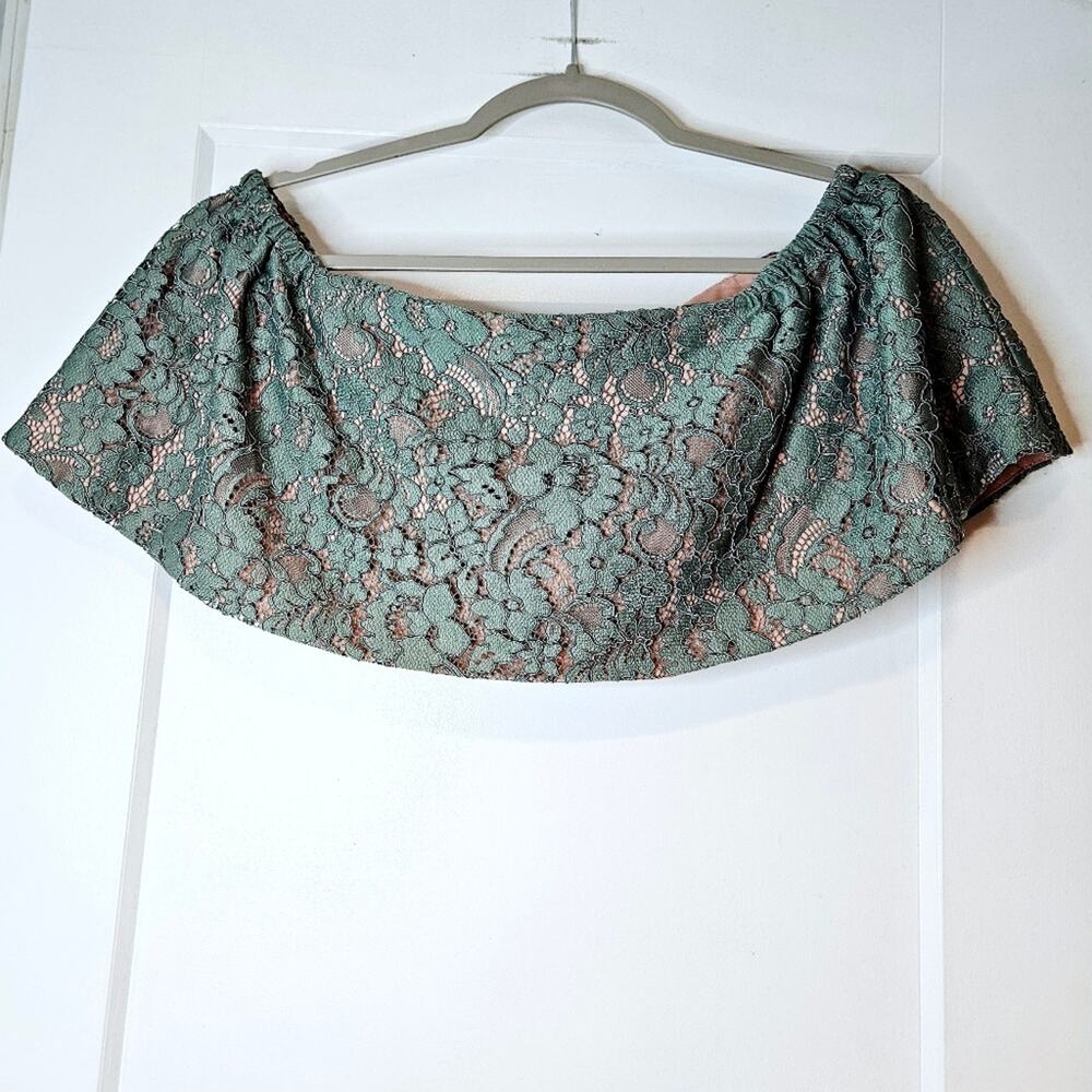 Alexis Lace Off Shoulder Crop Top Green Blush Lined Elastic Hem S